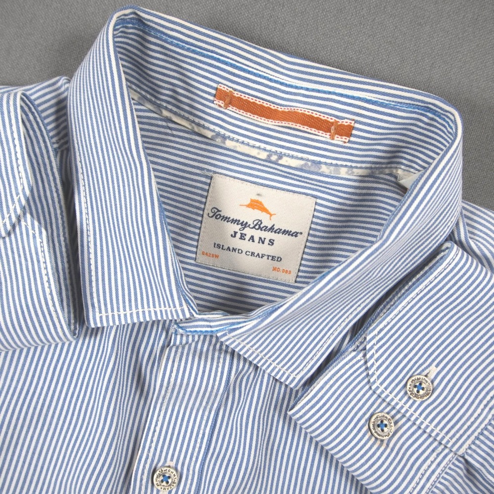 Tommy Bahama Striped Tencel Cotton Vacation Collared Men Button Down Shirt L